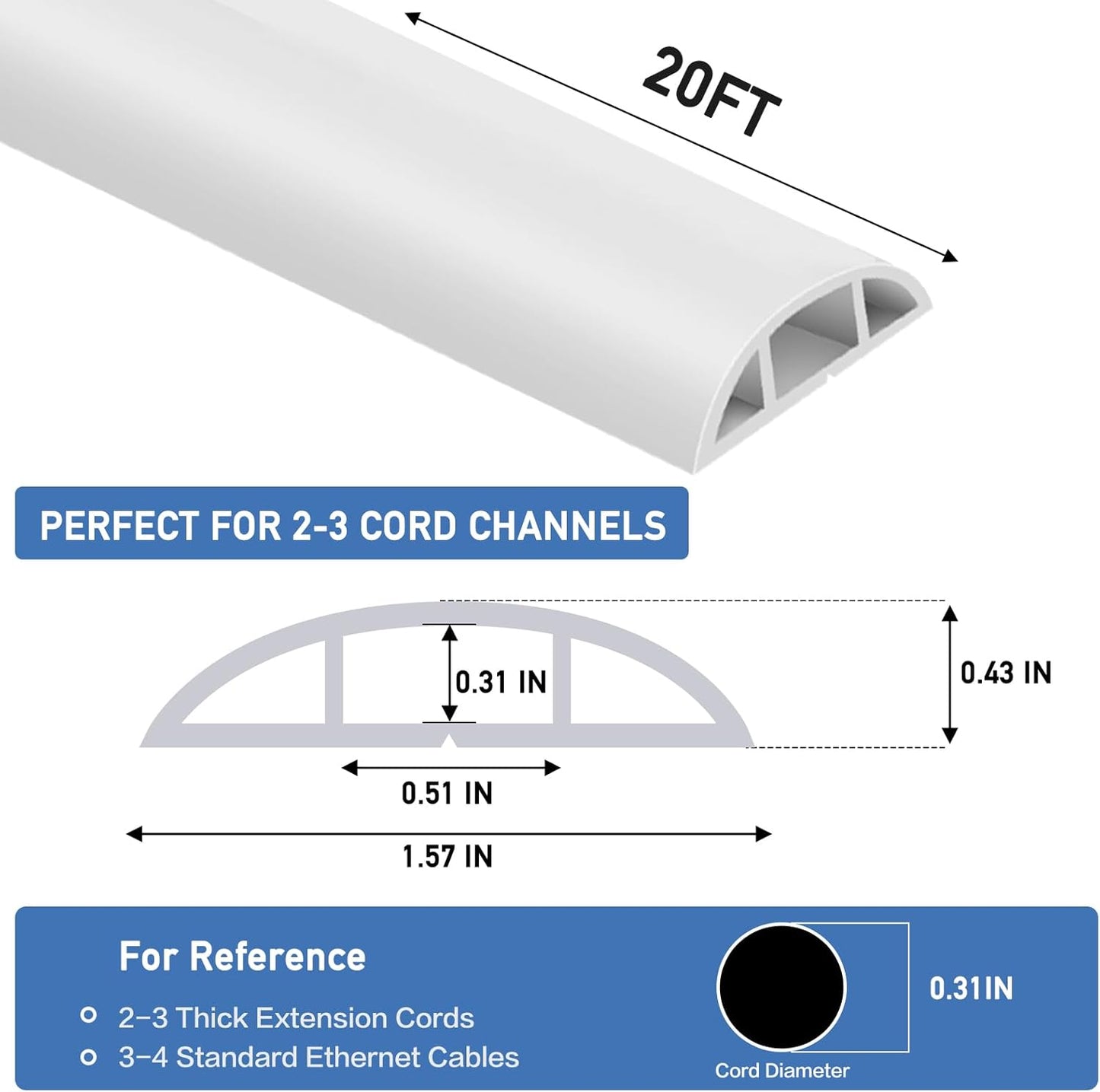 Floor Cord Cover Self Adhesive Cord Hider Floor Extension Cord Covers for Floor Power Cord Protector Cable Management Prevent Cable Trips Cable Cavity 0.51" W x 0.31" H (White, 20Ft)