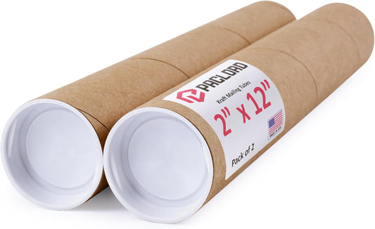 2" x 12" Reinforced Kraft Paper Mailing Tubes, Pack of 2 Tubes with 2 Caps Each – USPS Approved Poster Tube – Made in USA Cardboard Tube for Shipping and Storing Posters, Prints, Artwork, or Documents