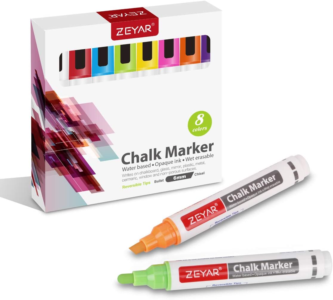 ZEYAR Liquid Chalk Marker-Wet Erase Marker, 6mm Reversible Tip-Bullet or Chisel, 8 Colors, Large Capacity, Writes on Nonporous Chalkboards, Bistro Boards, Windows and Plastic (8 Basic Colors)