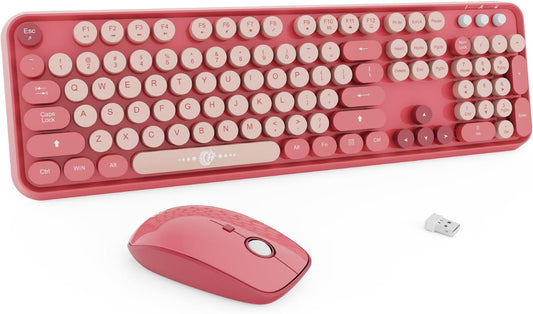 FD Wireless Keyboard and Mouse Combo | Cute Colorful Keyboard and Mouse with 2.4GHz Cordless Retro Typewriter Keyboard | Auto-Sleep | USB Receiver for Windows PC/Laptop - Pink Colorful