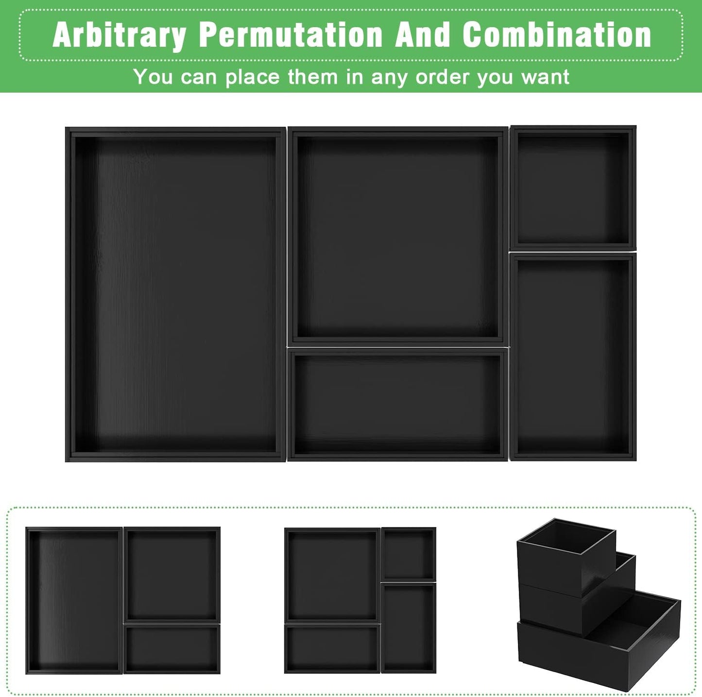 Black Bamboo Bathroom Drawer Organizer, Wooden Kitchen Utensil Holder Set of 5, Stackable Junk Drawer Organizer Tray, Multi-Use Storage Bins Boxs Dividers for Home, Office, Clothing, Makeup, Jewelry