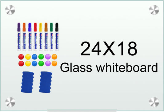H-Qprobd White Board 24”x18“ Magnet Dry Erase Boards Frameless Magnetic Glass Whiteboard for Wall, Wall Mounted Whiteboard Includes 12 Magnets, 8 Markers and 2 Erasers