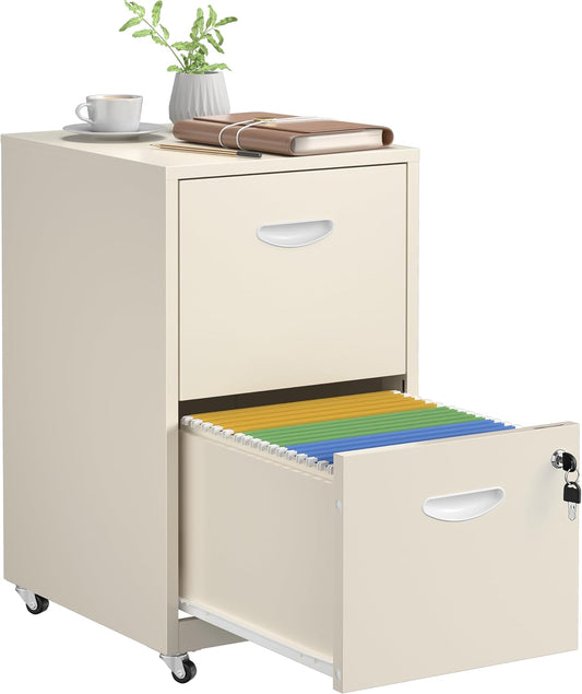 2 Drawer File Cabinet with Lock，Cream Rolling File Cabinet for Home Office, Metal Small Mobile Filing Cabinets on Wheels for Hanging Letter