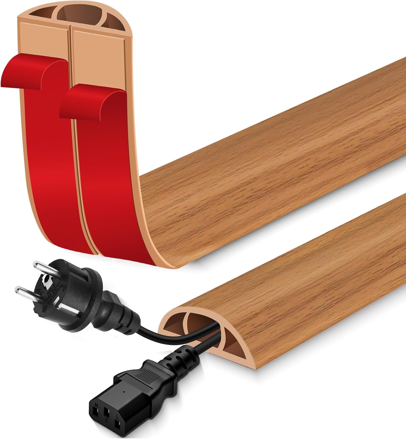 Floor Cord Cover for Wires on Floor Self Adhesive Cord Hider Floor Cable Management Wire Covers for Cords Protector Prevent Cable Trips Cord Cavity W 0.51" x H 0.31", Brown Wood, 3.3Ft