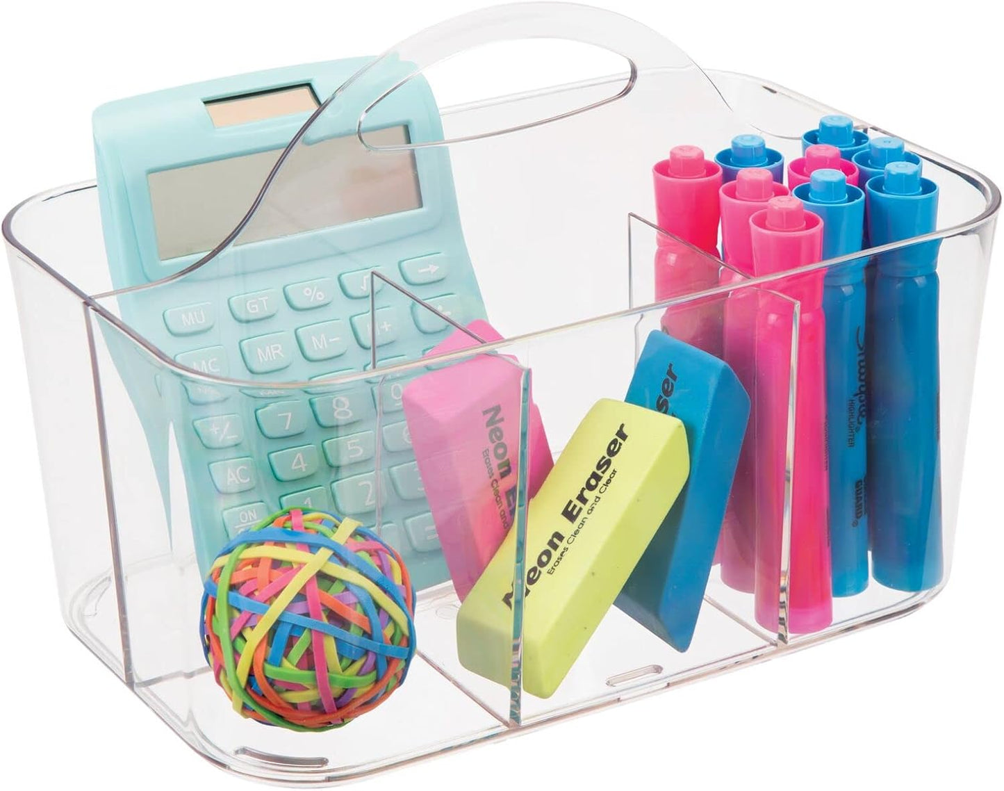 MetroDecor mDesign School Supplies Desk Organizer Tote for Scissors, Pens, Pencils, Notepads, Markers, Highlighters, Tape - Small, Clear