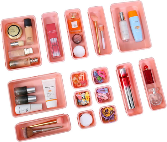 15 PCS Interlocking Desk Drawer Organizer Separator for Office,Bathroom,Kitchen,Makeup（Pink）