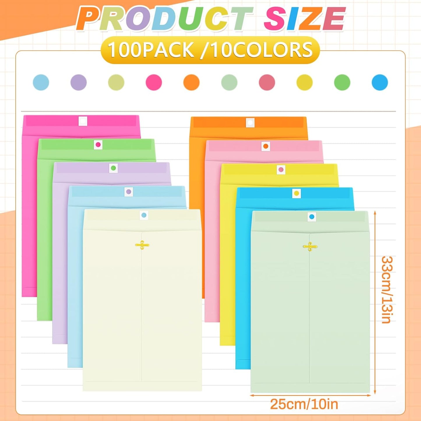 Geyee 100 Pcs Clasp Manilla Envelopes 10 x 13 Inch Gummed Colored Envelopes for Storing or Mailing for Home Office Business Supplies(Multicolor)