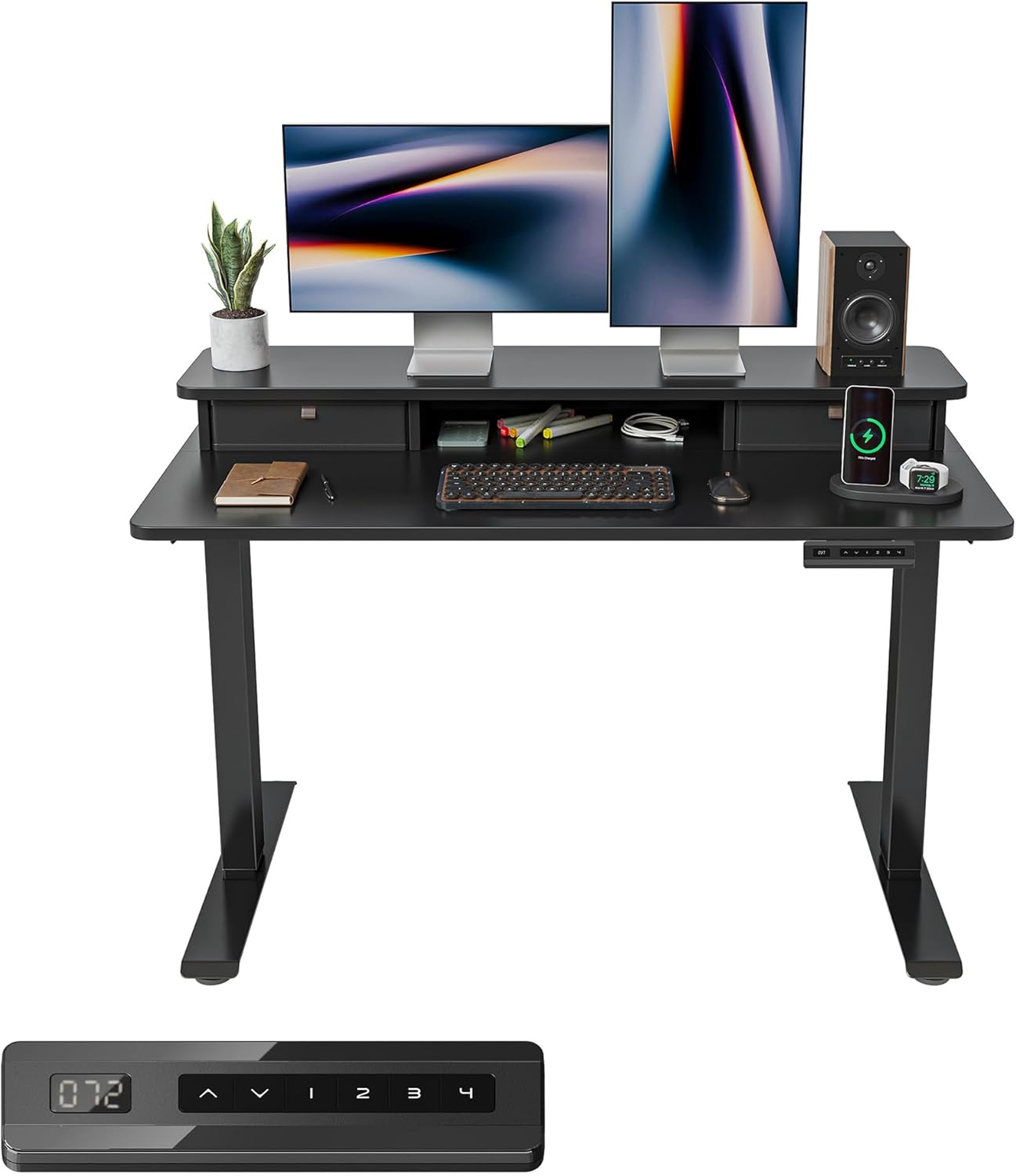 FEZIBO 48 x 24 Inch Height Adjustable Electric Standing Desk with Double Drawer, Computer Desk, Home Office Stand Up Table with 4 Height-Adjustable Feets & 2 Hooks, Black