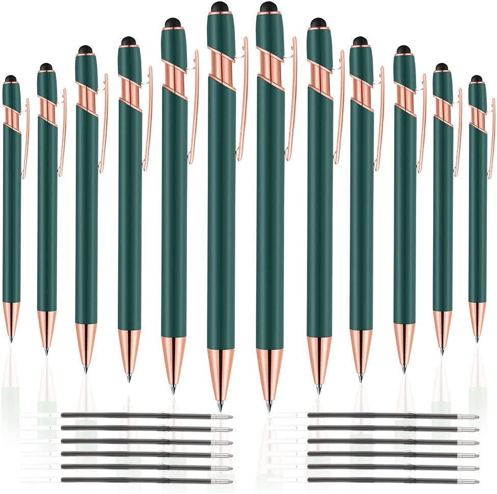 12 PCS 2 in 1 Stylus Ballpoint Pen with Stylus Tip, 1.0 mm Black Ink Metal Pen Stylus Pen for Touch Screens (Rose Gold & Green)