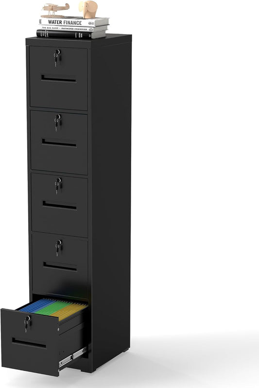 File Cabinet 5 Drawer with Lock, Vertical Filing Cabinets for Home Office, Metal Steel Storage Cabinet for Letter/Legal Size File, Assembly Required(Black)