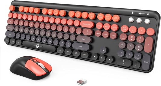 FOPETT Wireless Keyboard and Mouse Combo, 104 Keys Full-Sized 2.4 GHz Round Keycap Colorful Keyboards, USB Receiver Plug and Play, for Windows, Mac, PC, Laptop, Desktop (BlackOrange)