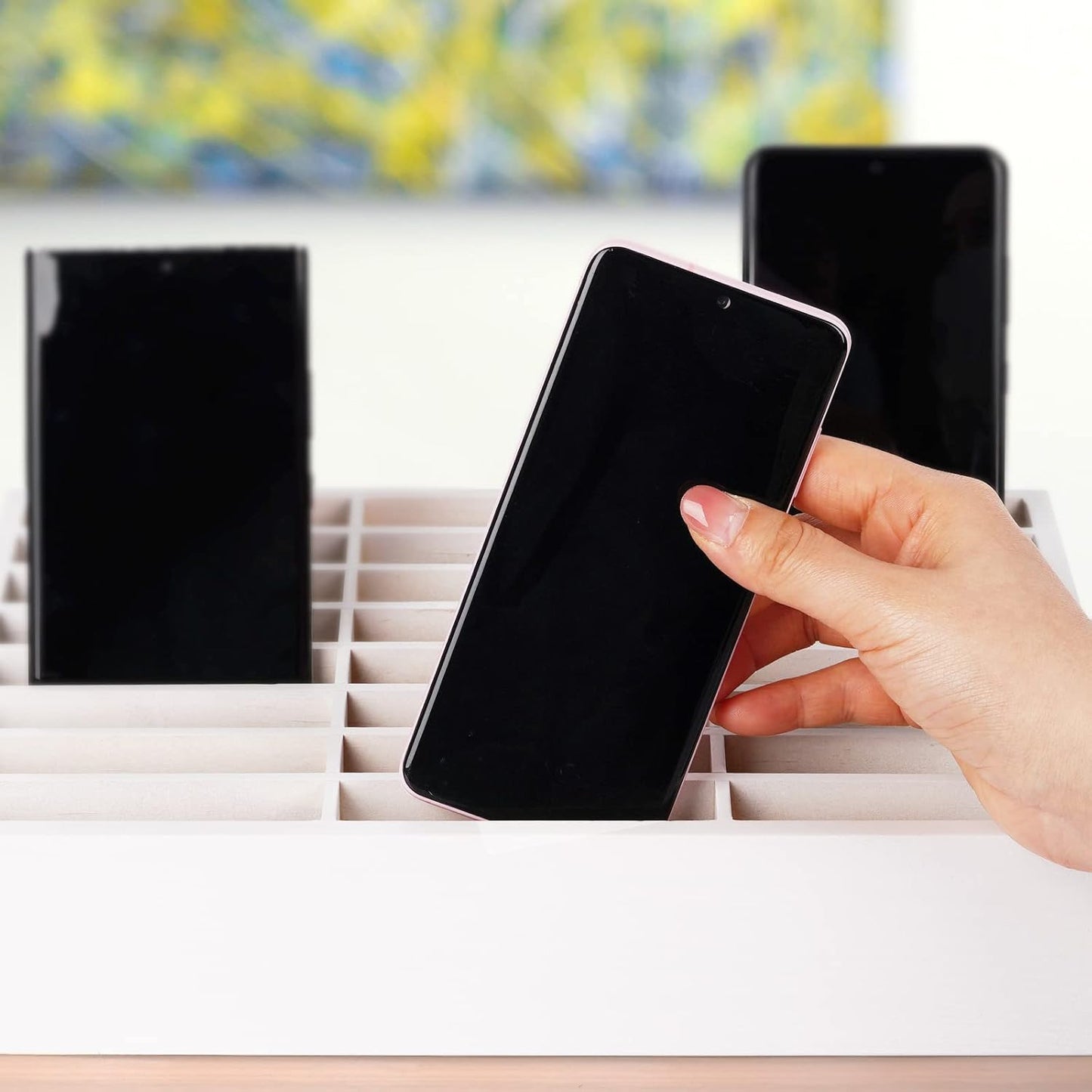 24-Grid Wooden Cell Phone Holder Desktop Organizer Storage Box for Classroom Office (White 24-Grid)