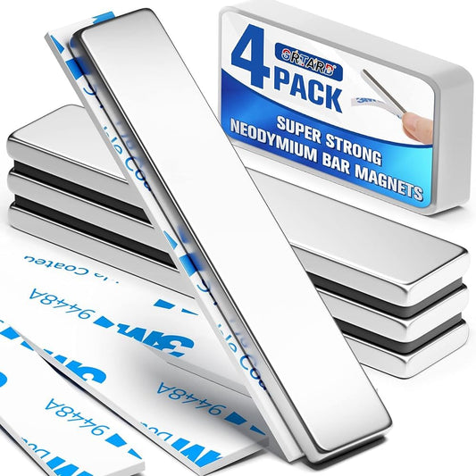 Grtard 4Pack Neodymium Magnet Bar, Powerful Bar Magnets, Magnet Strips Heavy Duty, Strong Rare Earth Magnets with Double-Sided Adhesive for Craft, Fridge, Kitchen, Office - 60 x 10 x 3 mm