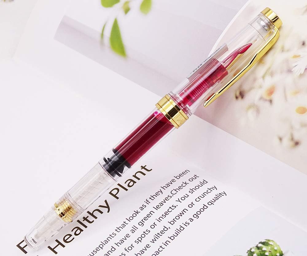 Lanxivi Yongsheng 3011 Demonstrator Clear Classical Fountain Pen Fine Nib Arrow Clip, Piston Filling System, Gold Trim, Set of 4 Pieces in transparent Color
