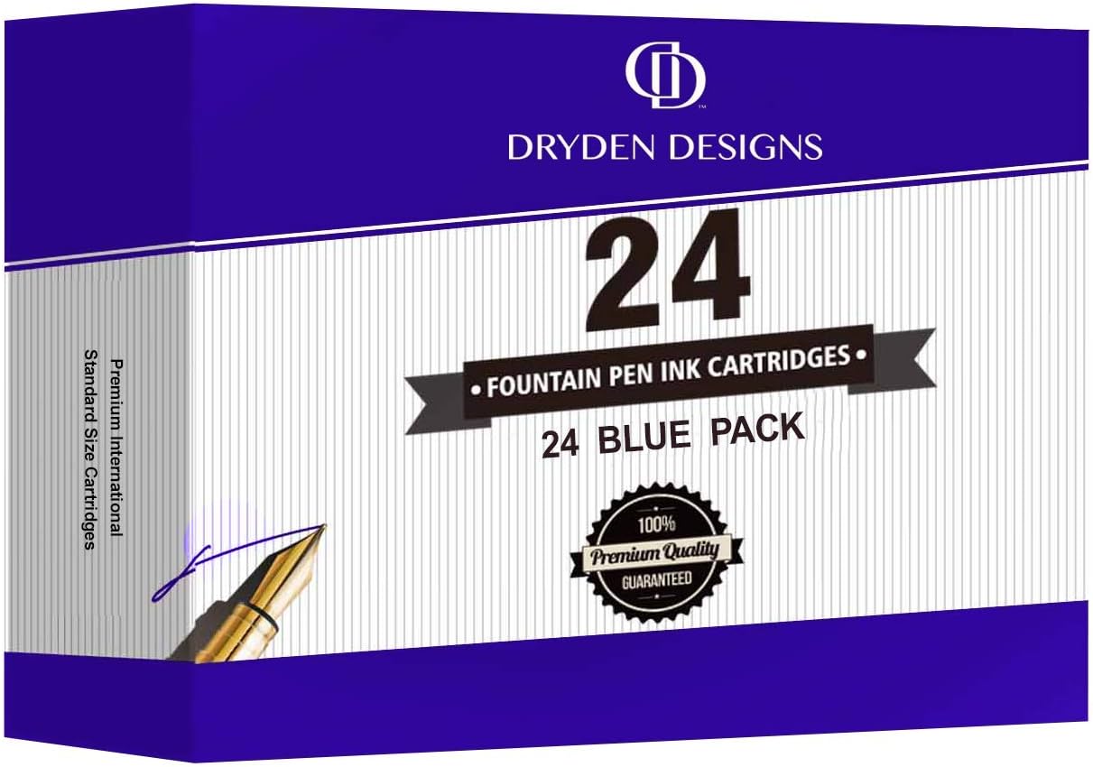 Dryden Designs Fountain Pen Ink Cartridges - Set of 24 Blue Ink CARTRIDGES - Short International Standard Size - Disposable and Generic Ink Refill Cartridges - Perfect for Calligraphy.