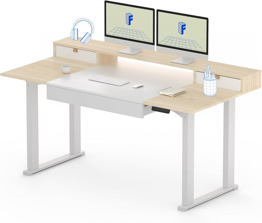 FLEXISPOT 4-Leg Standing Desk with Storage 63x32 in Electric Adjustable Height with 3 Drawers & Shelving Home Office Workstation (White + Maple Top)