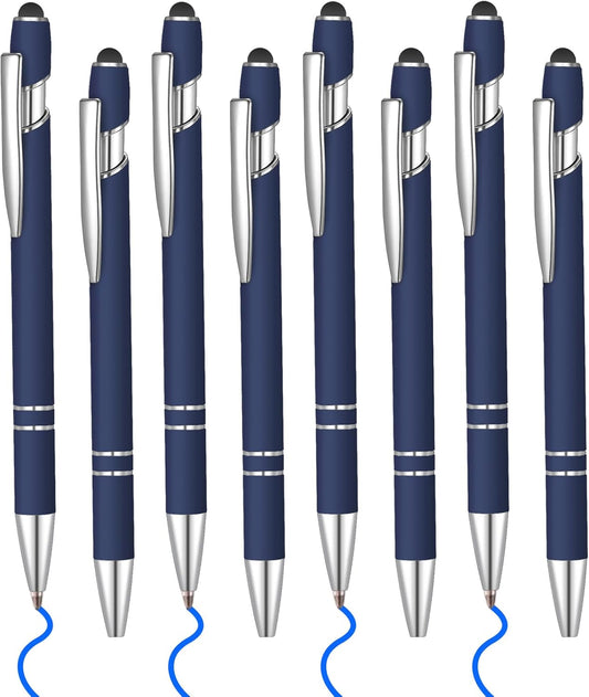 8 Pcs Blue Ink Ballpoint Pen with Stylus Tip 2 in 1 Stylus Ballpoint Pen Metal Pens Stylus Pen for Touch Screens School Office Coworkers (Navy Blue)