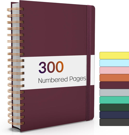 Forvencer Lined Spiral Journal Notebook with 300 Numbered Pages, B5 College Ruled Thick Journals for Writing with 100GSM Paper, Hardcover Notebooks with Contents for Work, School, Women, Men, Burgundy