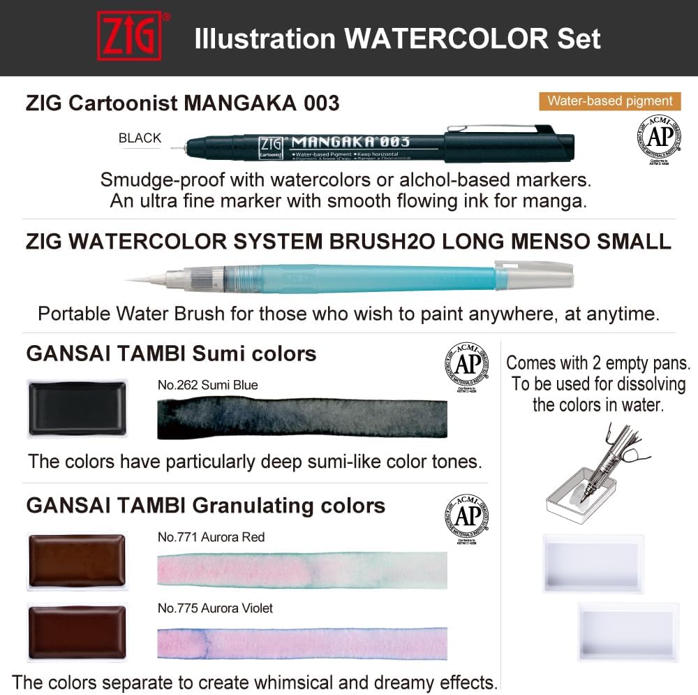 Kuretake Zig illustration watercolor Set, 3 Gansai Tambi, Fineliner and Waterbrush pen, for Inktober, Manga, Drawing, Calligraphy, Professional, Artist, Made in Japan (IKTB-25/7V)