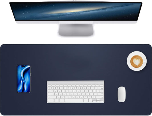 Leather Desk Pad Protector Large Mouse Pad, Stitched Locking Edge Laptop Computer Desk Mat Blotter, Non-Slip Waterproof Durable Writing Pad for Office and Home (Dark Blue, 80 x 40cm)