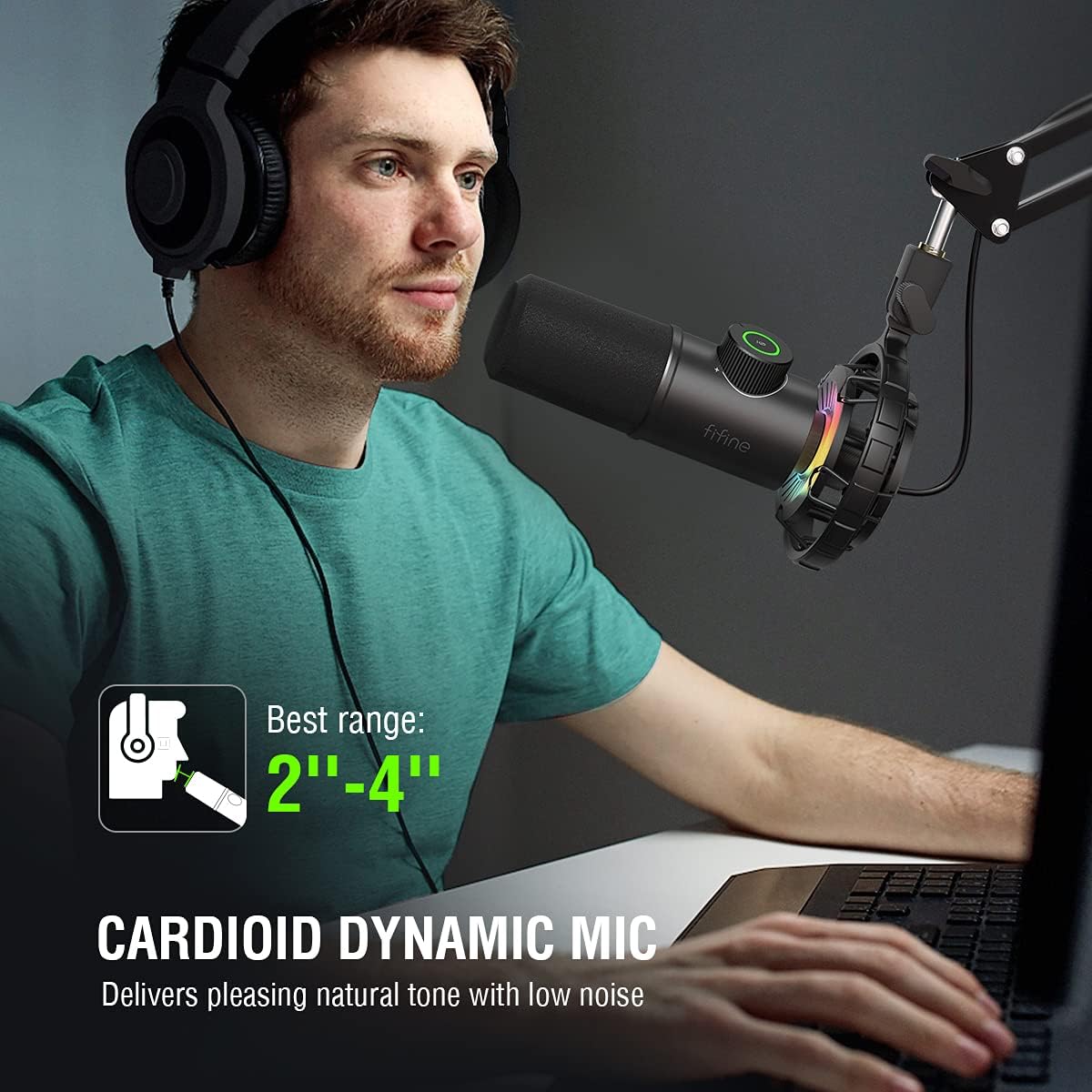 FIFINE USB Gaming Microphone, RGB Dynamic Mic for PC, with Tap-to-Mute Button, Plug & Play Cardioid Mic with Headphone Jack for Streaming, Podcast, Twitch, YouTube, Discord- K658