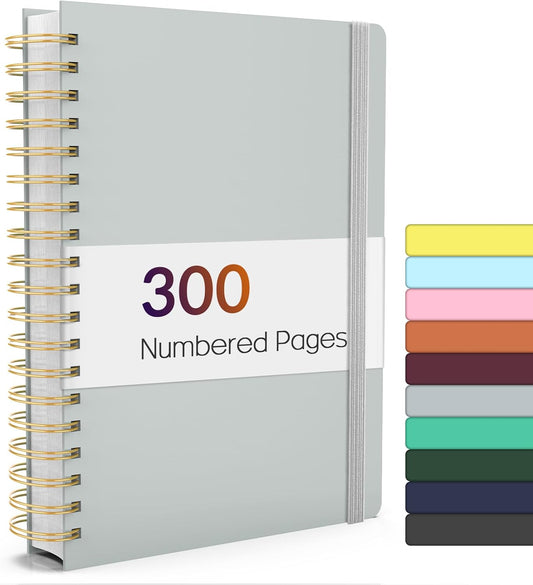 Forvencer A4 Lined Spiral Journal Notebook with 300 Numbered Pages,11" X 8.5" Thick Journals for Writing with 100GSM Paper, Hardcover Notebooks with Contents for Work, School, Grey