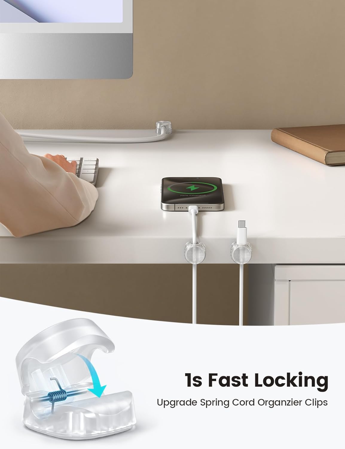 12Pack Cord Organizer [1s Lock] Spring Cable Holder Clips - Lamicall Desk Cord Management Clips, [Smooth Adjustable] Phone Charger Cable, Adhesive Wire Keeper for Nightstand Wall Car Office