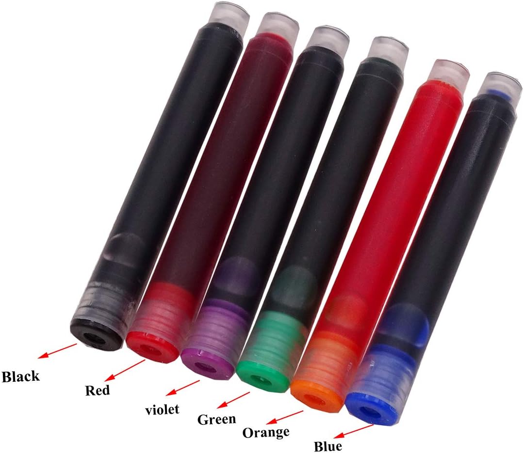 30 PCS Jinhao Fountain Pen Ink Cartridges Refill 6 Colors Set, Black, Blue, Apple Green, Purple, Red and Orange International Standard Size 2.6mm Bore Diameter