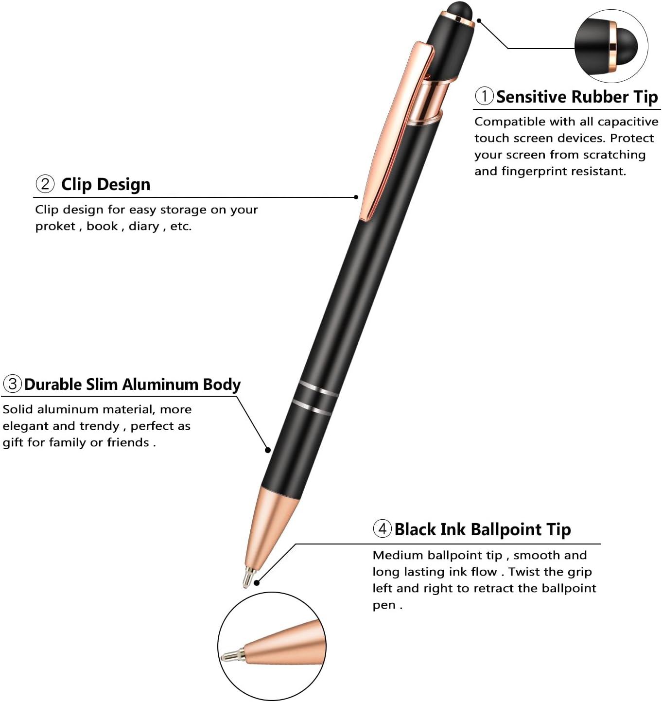Aozora 18 Pack Ballpoint Pens Smooth Writing 2-in-1 Stylus Retractable Ballpoint Pen with Stylus tip Office Decor Metal Stylus Pen for Touch Screens 1.0mm Black Ink (9 Pens with 9 Refills)