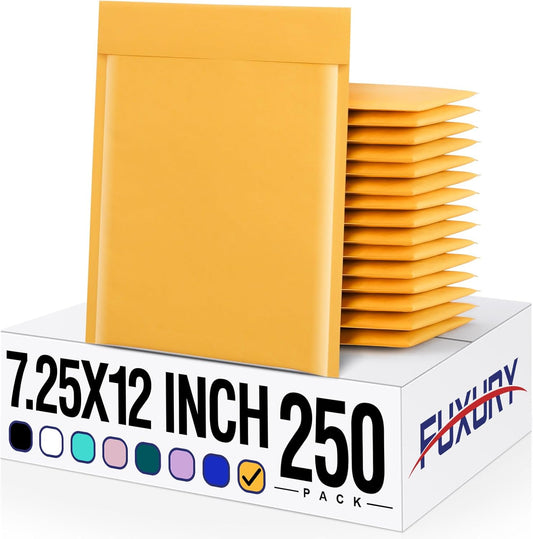 Fuxury Kraft Bubble Mailers 7.25x12 Inch 250 Pack, Strong Adhesion Padded Envelopes,Self Seal Bubble Envelopes, Waterproof Cushioned Mailers for Small Business,Bulk Yellow
