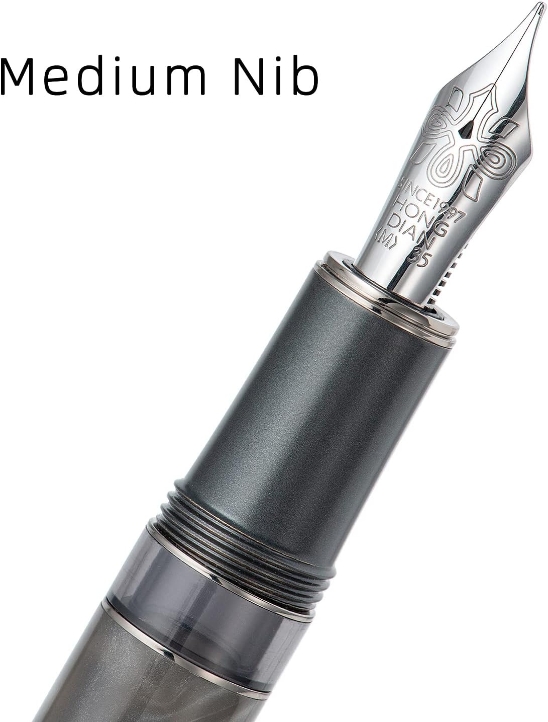 Hongdian N7 Gray Resin Piston Fountain Pen Rabbit Cap, Iridium Medium Nib Classic Pen Smooth Writing Pen with Metal Box