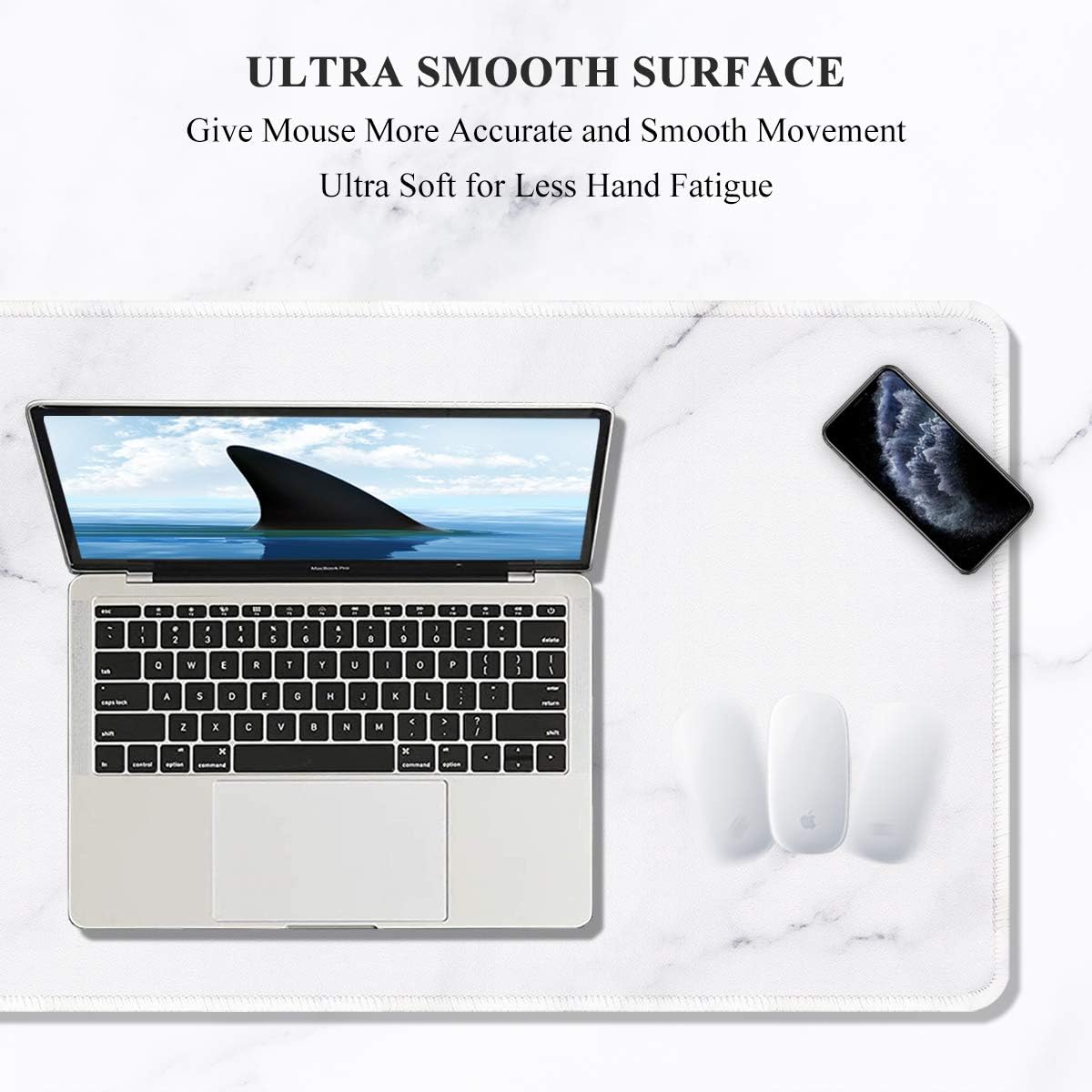 Auhoahsil Large Gaming Mouse Pad, Marble Theme XXL 35.4 x 15.7 in Desk Pad Stitched Non-Slip Rubber Long Computer Mousepad Thin Extended Full Size Desk Mat for Desktop, Laptop, Wireless Mice, White