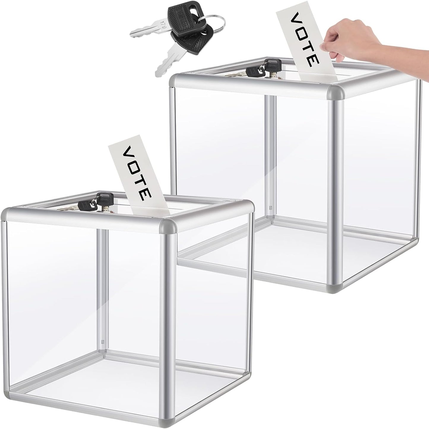2 Pcs 12 x 12 x 12 in Acrylic Donation Raffle Box with Slot & Lock, Large Clear Ballot Offering Suggestion Ticket Container for Fundraising Drawing Tip Jar Voting (Clear)