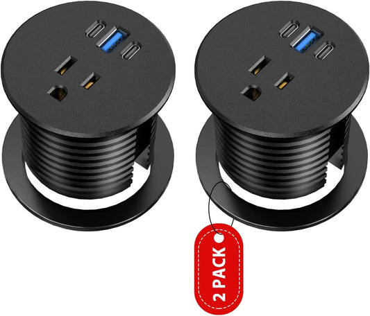 2 Pack Desk Grommet Power Outlet, 2.5 inch Desktop Recessed Outlet with 20W Fast Charging USB-C Port, Flush Mount Outlet for Conference Rooms, Office Tables, Furniture(ETL Listed)