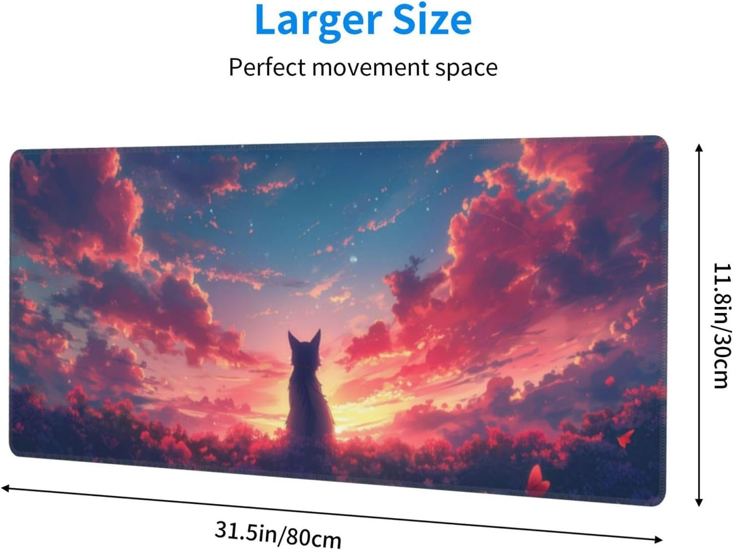 Gaming Mouse Pad Desk Pad,Extended Big Mouse Pad,31.5x11.8 Inch Long Computer Keyboard Mouse Mat Mousepad with 3mm Non-Slip Base and Stitched Edge for Gaming and Office… (Sunset Cat)