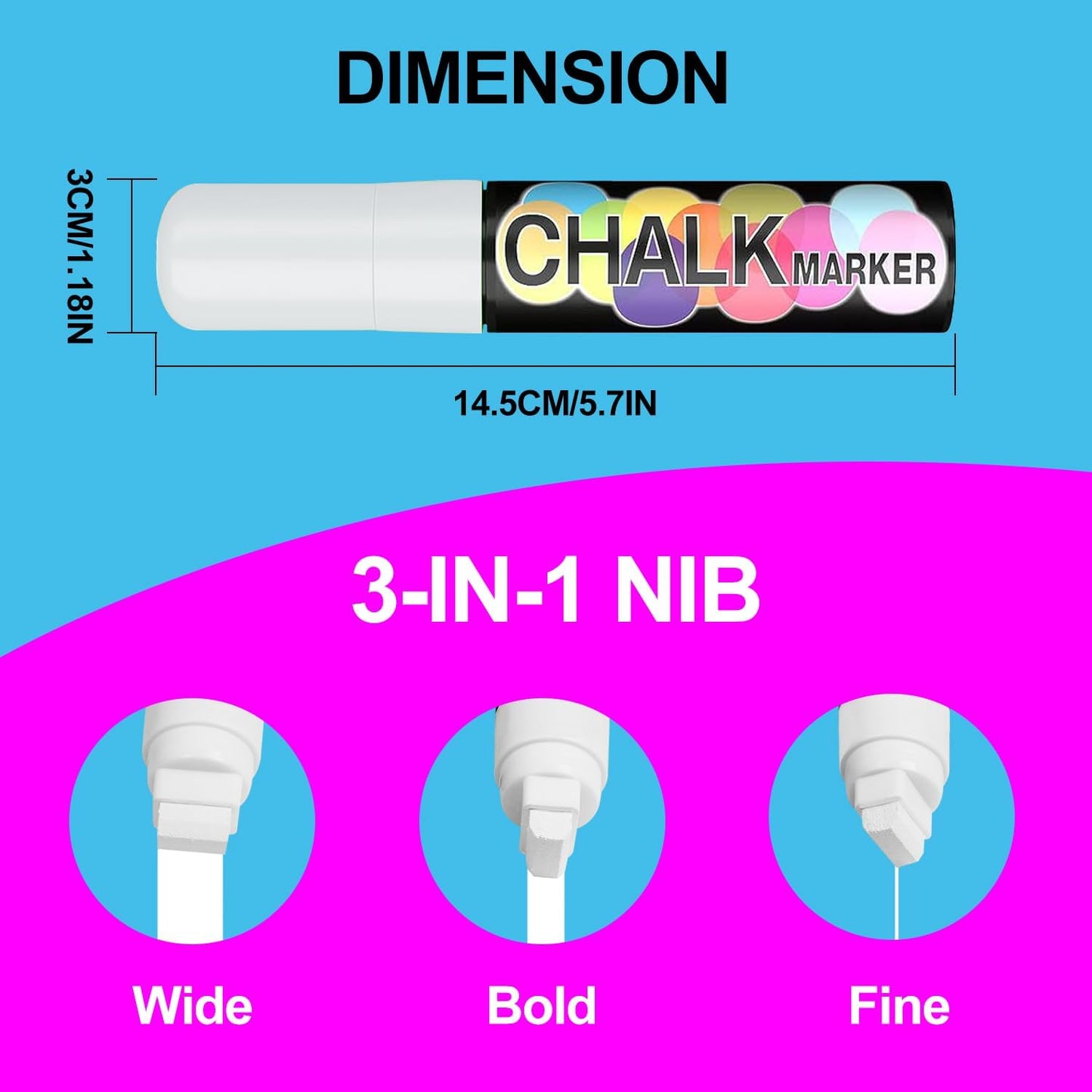 5 Pack Washable Window Markers for Cars, 15mm White Jumbo Liquid Chalk Markers, 3 in 1 Nib, Metallic & Neon Paint Glass Pen for Auto, Chalkboard, Blackboard, Bistro, Menus and Any Non-Porous Surface