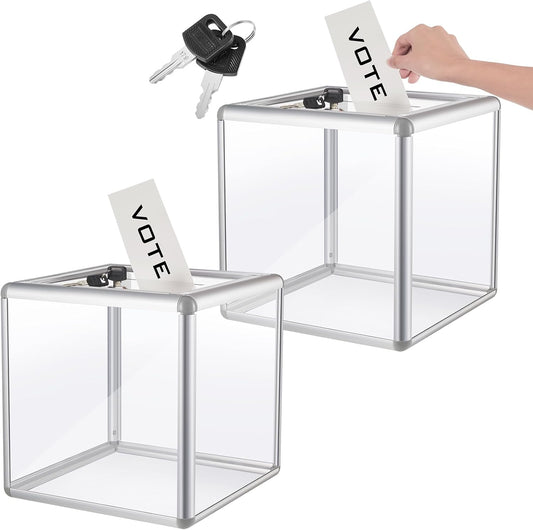 2 Pcs 10 x 10 x 10 in Acrylic Donation Raffle Box with Slot & Lock, Large Clear Ballot Offering Suggestion Ticket Container for Fundraising Drawing Tip Jar Voting (Clear)