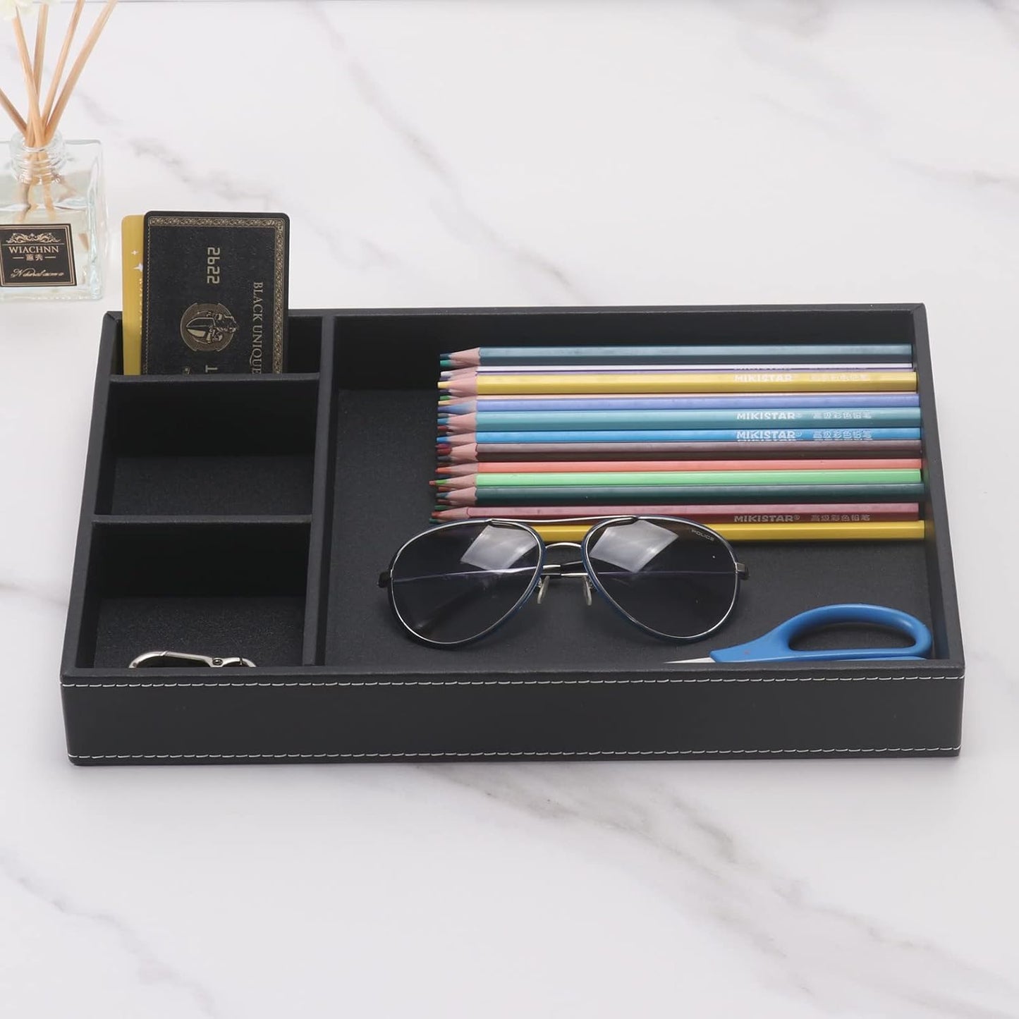 Guestroom Decoration Tray, Nightstand or Dresser Organizer, Valet Tray, 4 Compartment PU Leather Drawer Storage Organizer