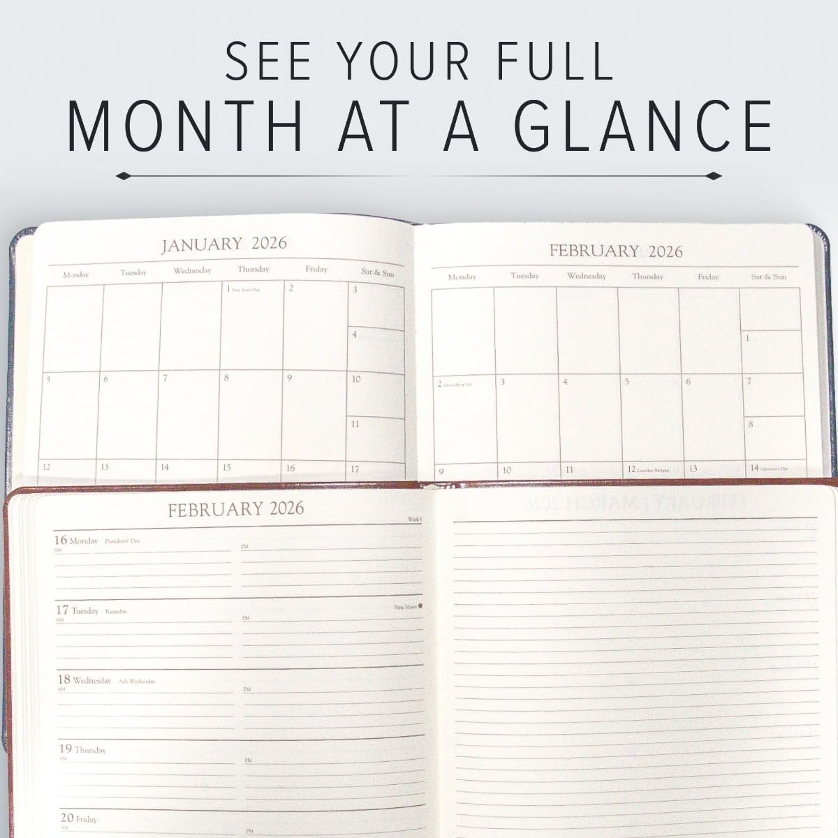 Gallery Leather Academic Planner 2025-2026, Teacher and Student Weekly Monthly Planner, Elegantly Bound Calendar with Gold-Gilded Page Edges, 18 Months - Freeport Metallic Rose Gold - 9x7"