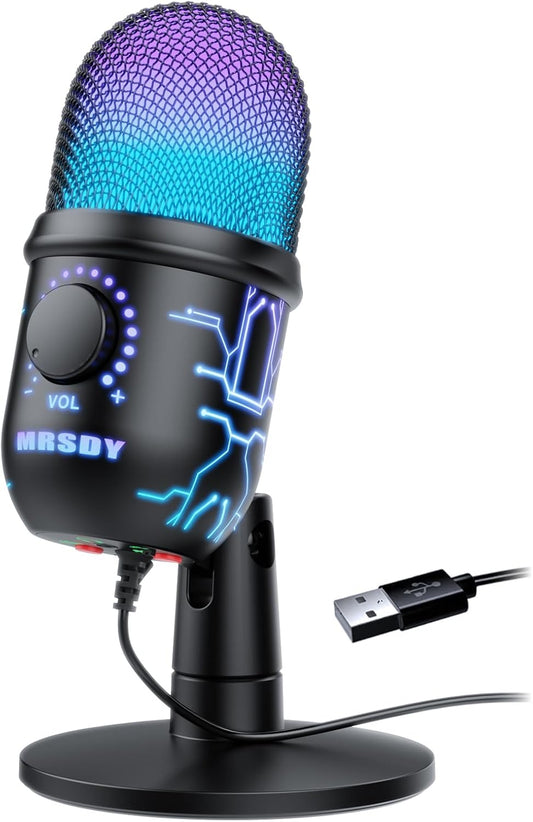 Gaming Microphone, USB Computer Microphone for PC, Mac, PS4/5, Condenser Podcast Mic for Studio Recording, YouTube, Streaming, with Headphone Jack, Led Light, Mute, Gain, Noise Cancellation