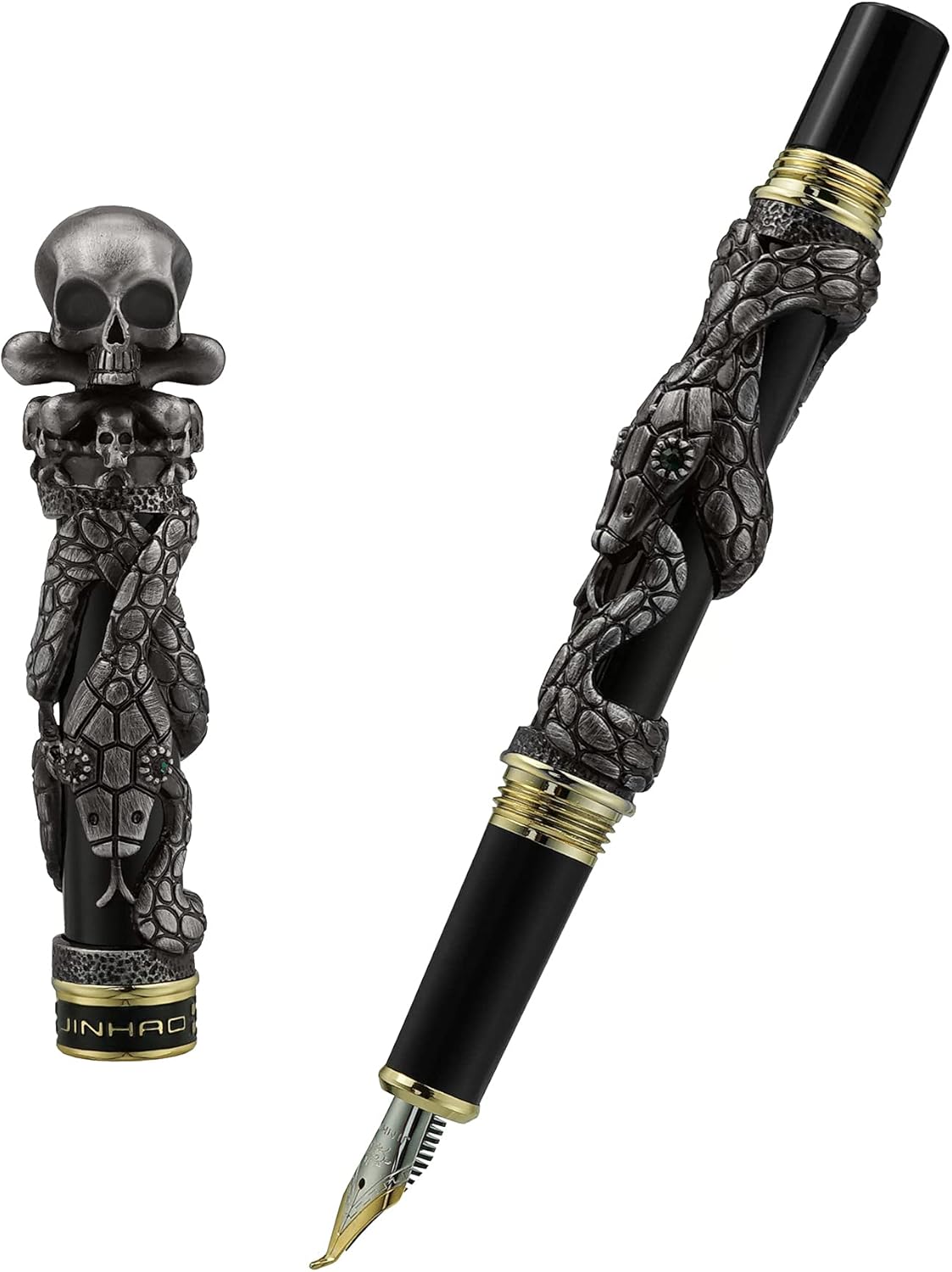 Jinhao Black Snake Fountain Pen Bent Nib Fude Pen with Skull Head Solid Metal