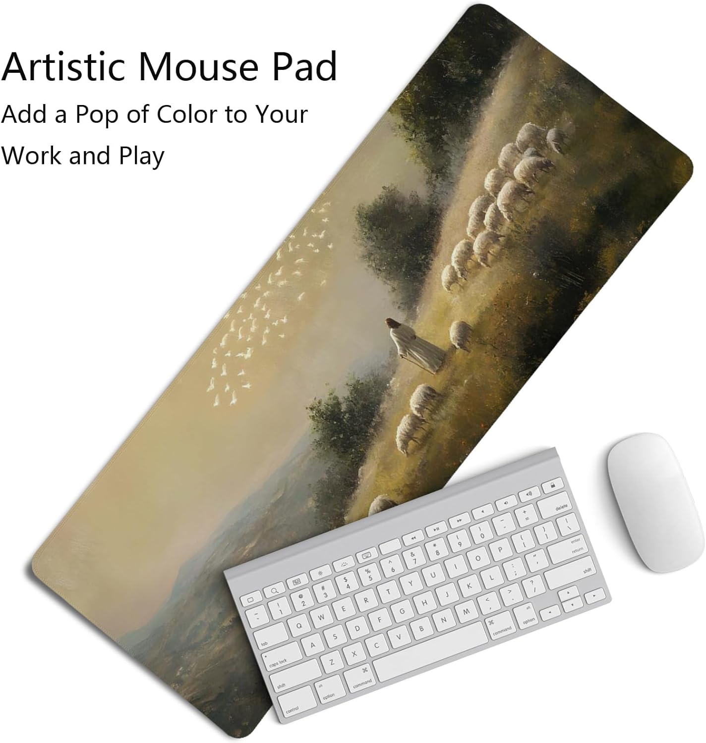 Retro Christian Themed Mouse Pad,Jesus Religious Mouse Pad,Big Large Vintage Easter Desk Mat,Jesus The Good Shepherd,Religious Gifts Christian Gifts for Women,Christian Room Decor,31.5x11.8In