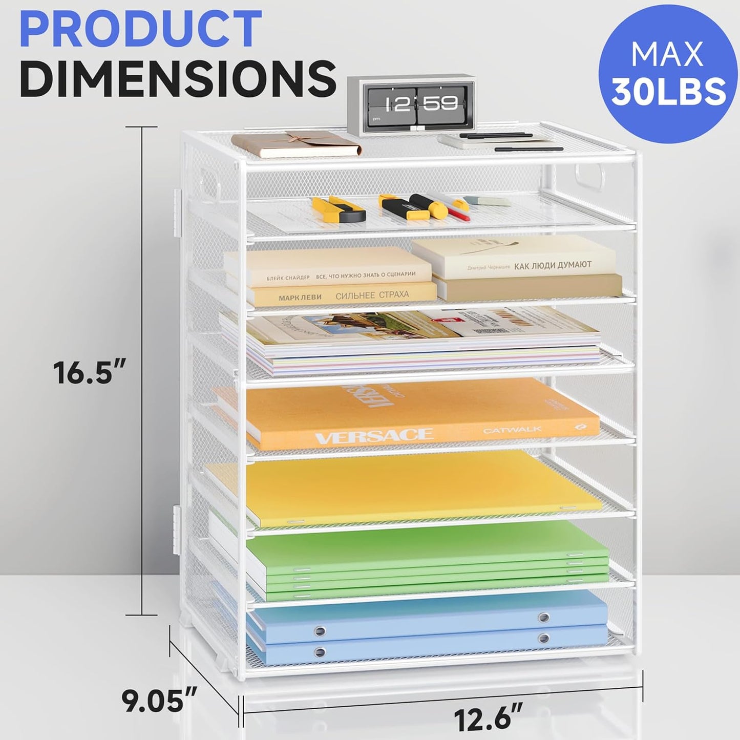 2 Pack 8 Tier Paper Organizer with Handle, Metal Mesh Desk File Organizer, Large Capacity Desk Organizers Paper Letter Tray Desktop Document Sorter for Office, Home or School - White