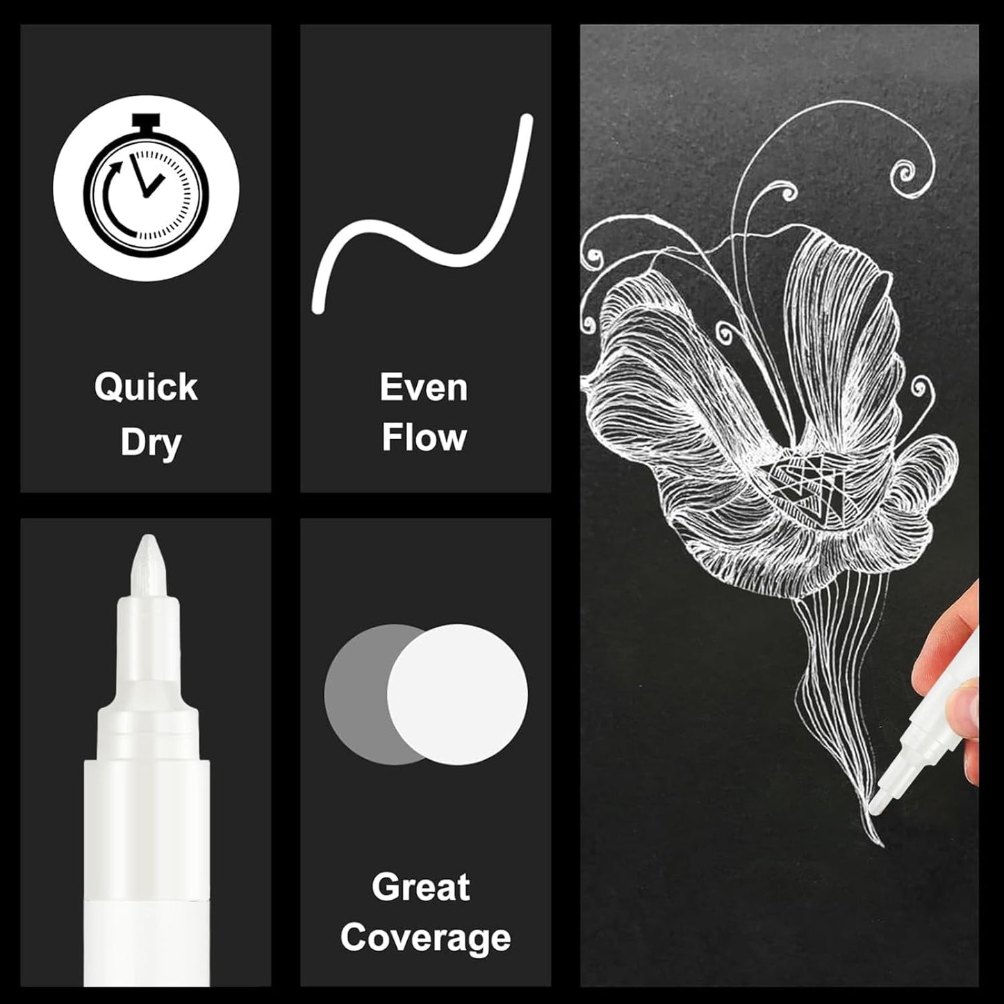 SFAIH Acrylic White Paint Pens - 8 Pack 2-3MM Medium Tip & 0.7MM Extra Fine Paint Marker for Rock Painting, Wood, Metal, Fabric, Plastic, Canvas, Glass, Ceramic, Diy Crafts, White Out Pen