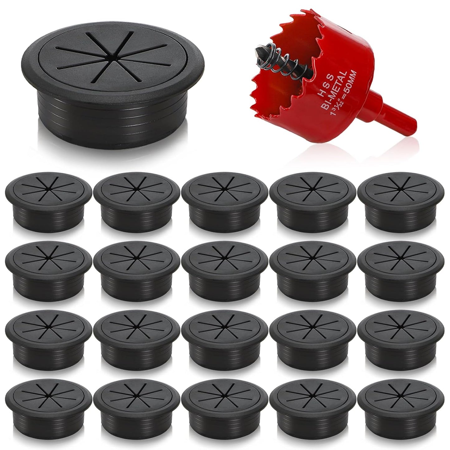 20 Pack Desk Grommet with Hole Saw, 2 Inch Desk Cable Hole Cover with Built-in Hole Saw, Wire Cord Cable Grommet for Home Office, Black