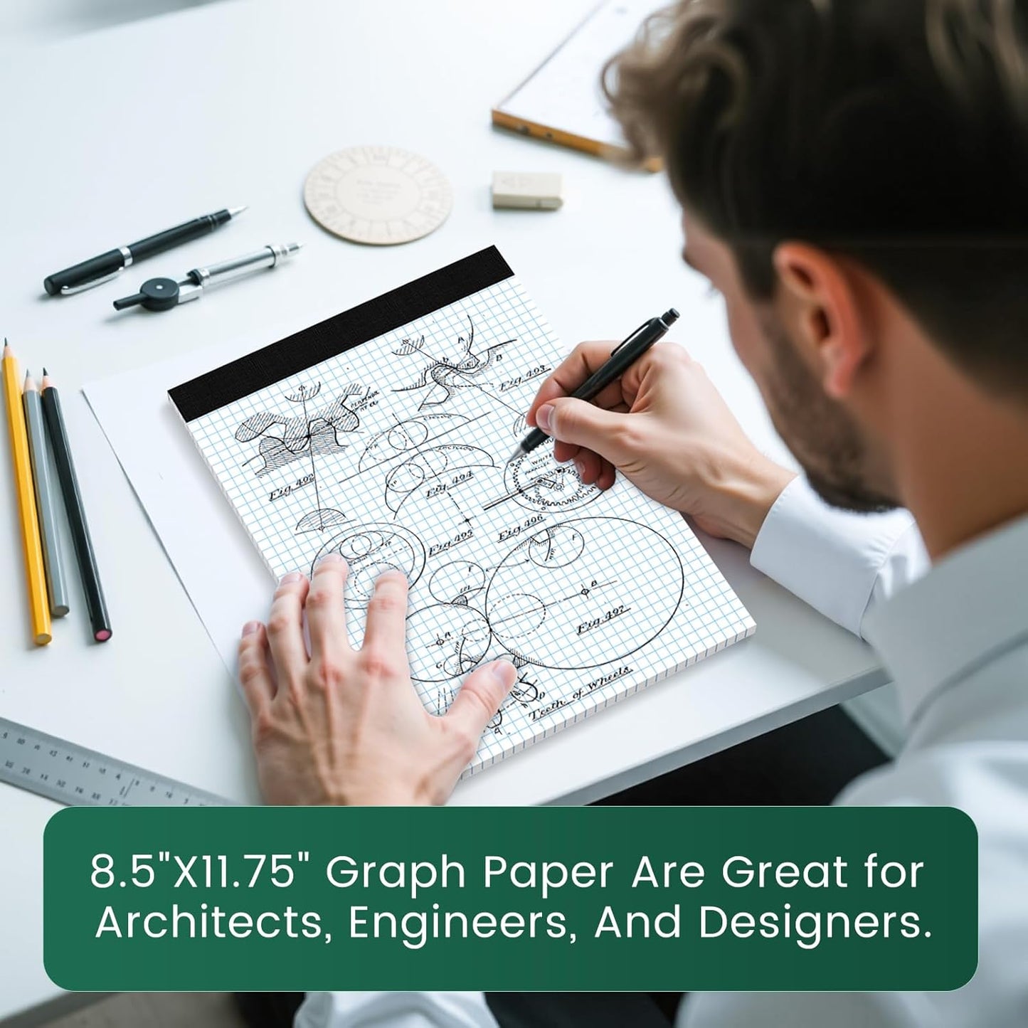 Graph Paper 8.5 X 11, 2 Pack, 4x4 Quad Ruled, Grid Paper Pad 8-1/2" X 11.75", Grid Pad 8.5 X 11.75, Engineering Notebook, Easy Tears Off, White 70 Gsm Graft Paper