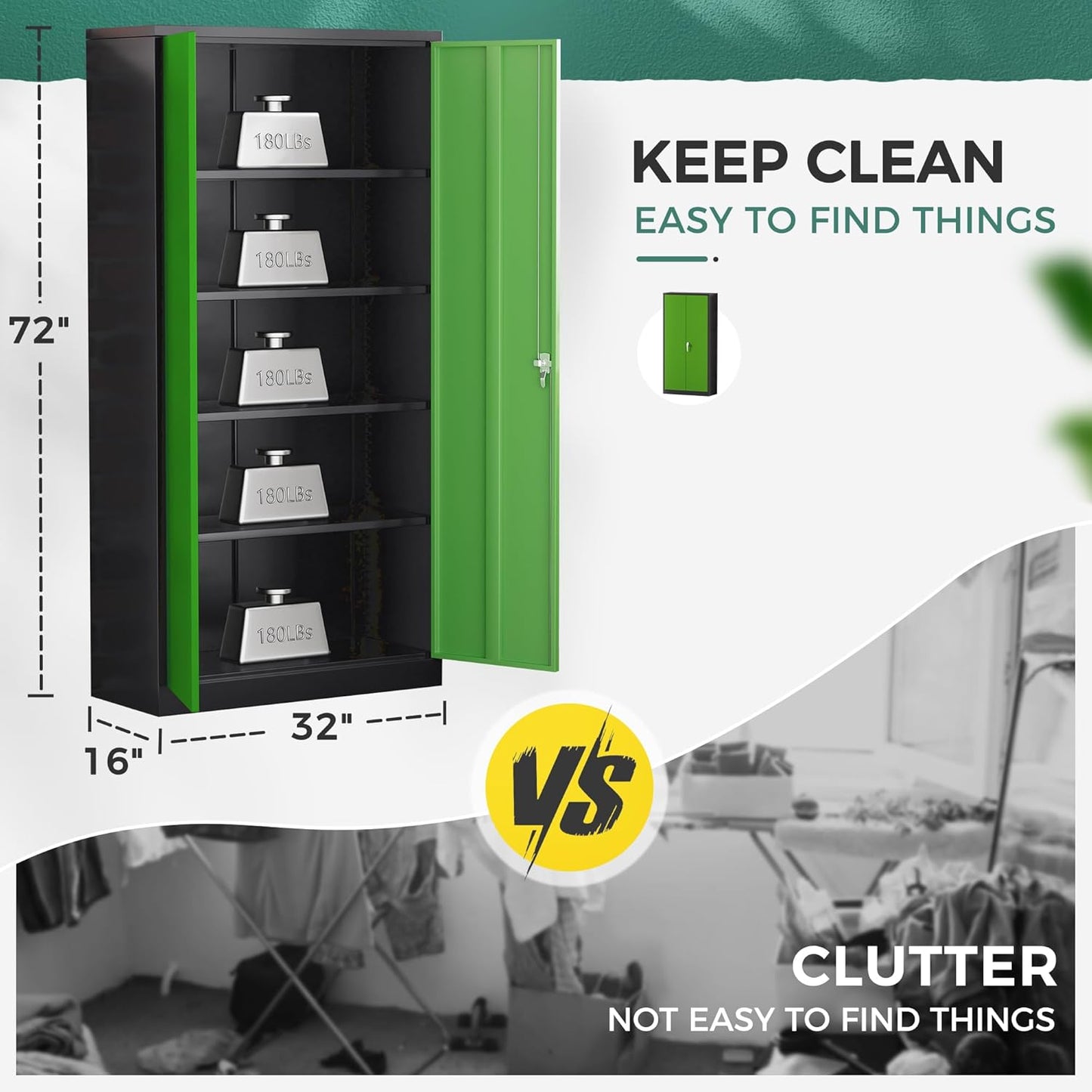 Greenvelly Metal Garage Storage Cabinet, 72" Tall Steel Storage Cabinets with Doors and Adjustable Shelves, Metal Tool Cabinets, Locking File Cabinet for Home Office, Garage, School (Black&Green)