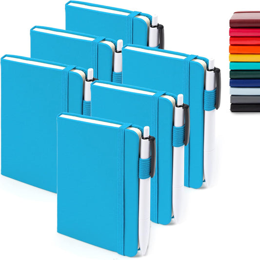 feela 6 Pack Pocket Mini Notebooks Bulk, Small Cute Memo Notepads Hardcover College Ruled Lined Journals with Pen Holder for School Business Work, with 6 Black Pens, 3.5”x 5.5”, A6, Teal