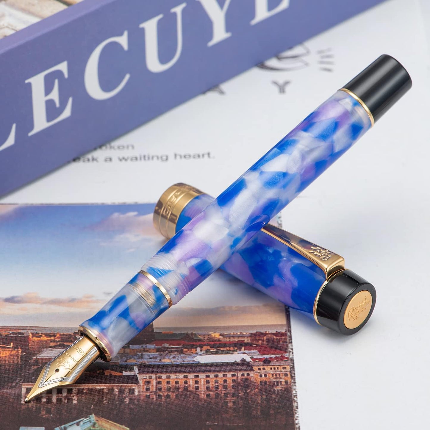 Jinhao 100 Fountain Pen Celluloid Classic Style, #6 Nib Smooth Writing Instrument with Refillable Converter and Pen Case Set