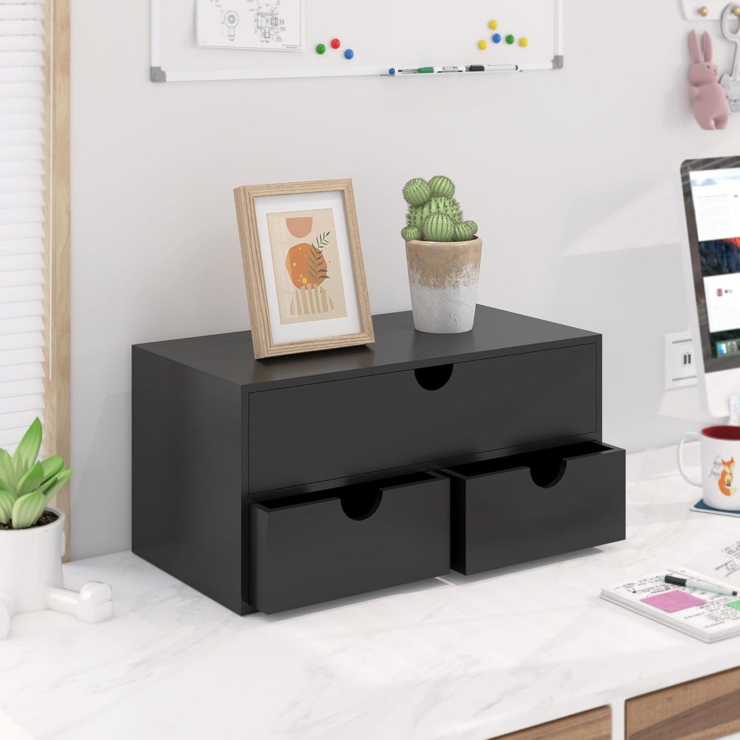 Bamboo Desk Organizer with Drawers Desktop Storage Drawers for Bills Office Supplies Kitchen Utensils Organizing Tool for Home Classroom Organization No Assembly (Black)